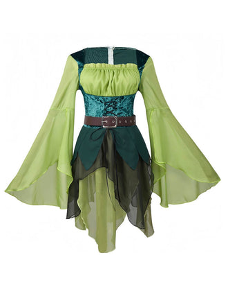 Green 1960s Elven Bell Sleeve Belted Asymmetric Dress