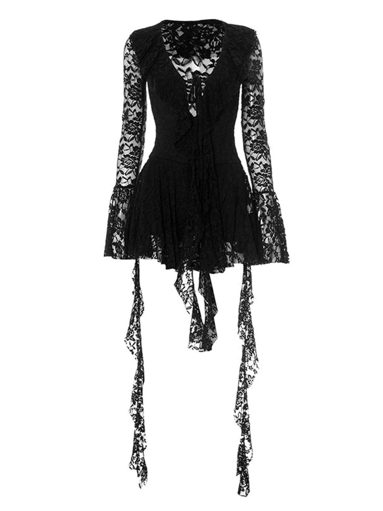 1980s Lace Ribbon Tie Ruffle Bell-Sleeve Dress