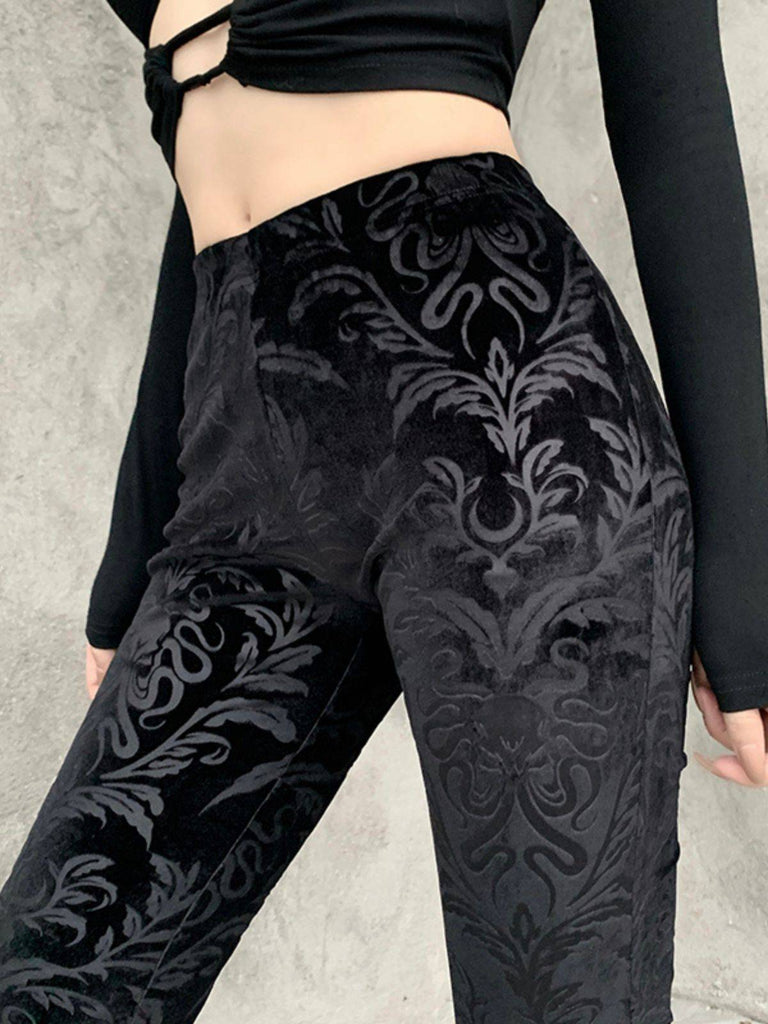 Black 1980s Punk Vine Print Velvet Bootcut Pants