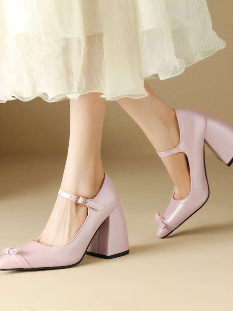Vintage Bow Strap Point Toe Chunky Heels