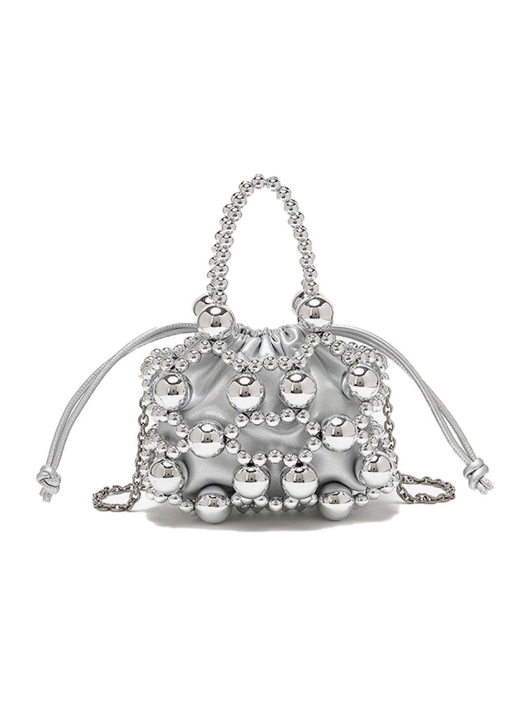 Metallic Beaded Drawstring Mini Bucket Bag