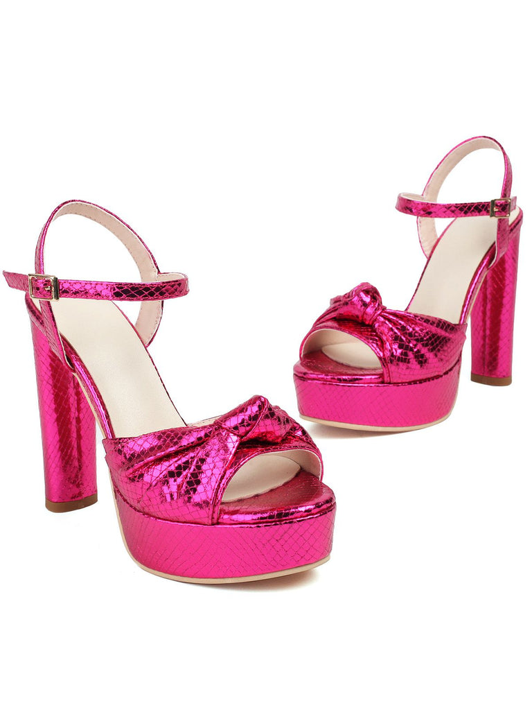 Metallic Snake Print Chunky High Heel Sandals