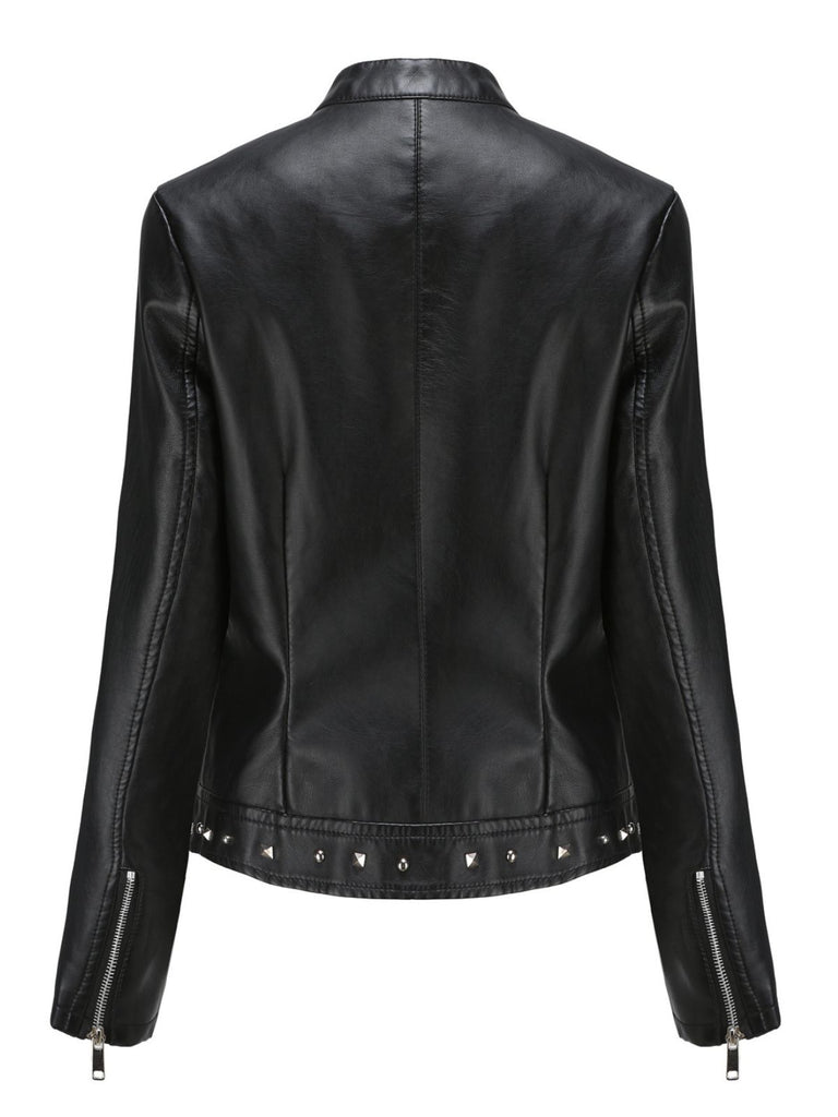 1940s Solid Studded Stand Collar Leather Jacket