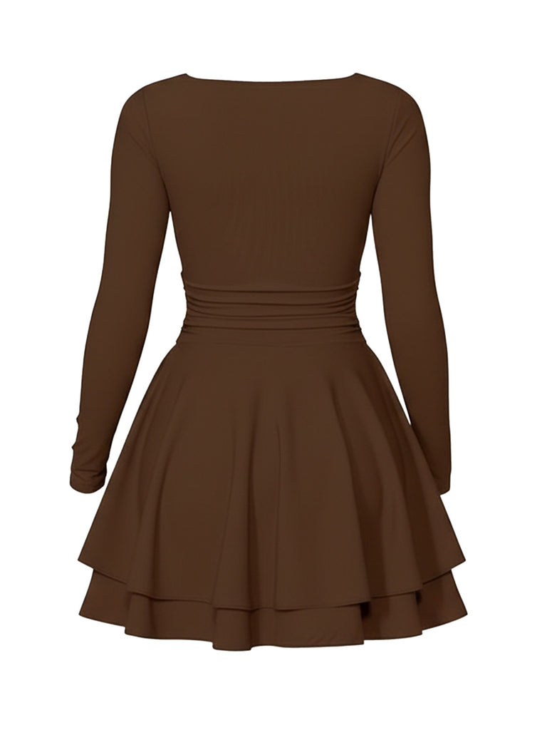 1980s Solid Fitted Square Neck Long Sleeve Dress