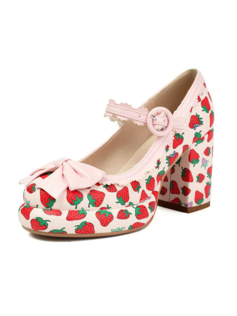 Retro Leather Strawberry Bow Chunky Heels