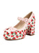 Retro Leather Strawberry Bow Chunky Heels