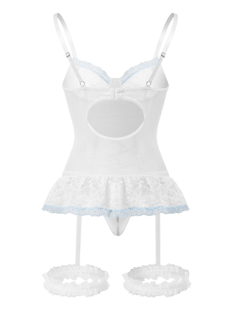 1970s Contrasted Lace Mesh Bow Lace-Up Lingerie Set