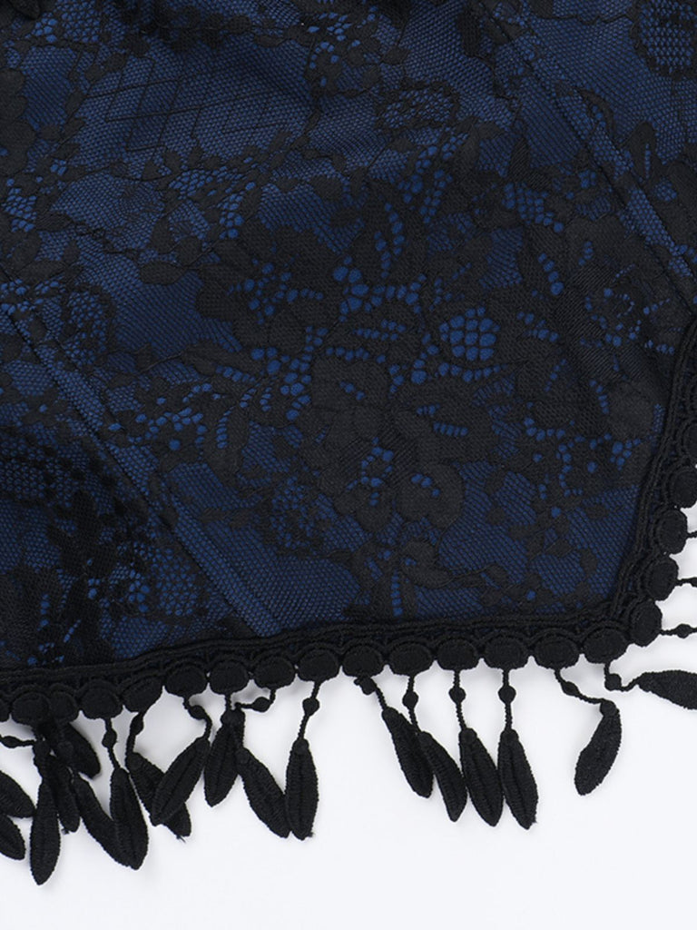 Dark Blue 1930s Halloween Off-Shoulder Lace Tassel Top