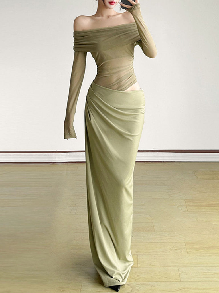 1980s Solid Off-Shoulder Mesh Cut-Out Sheer Dress