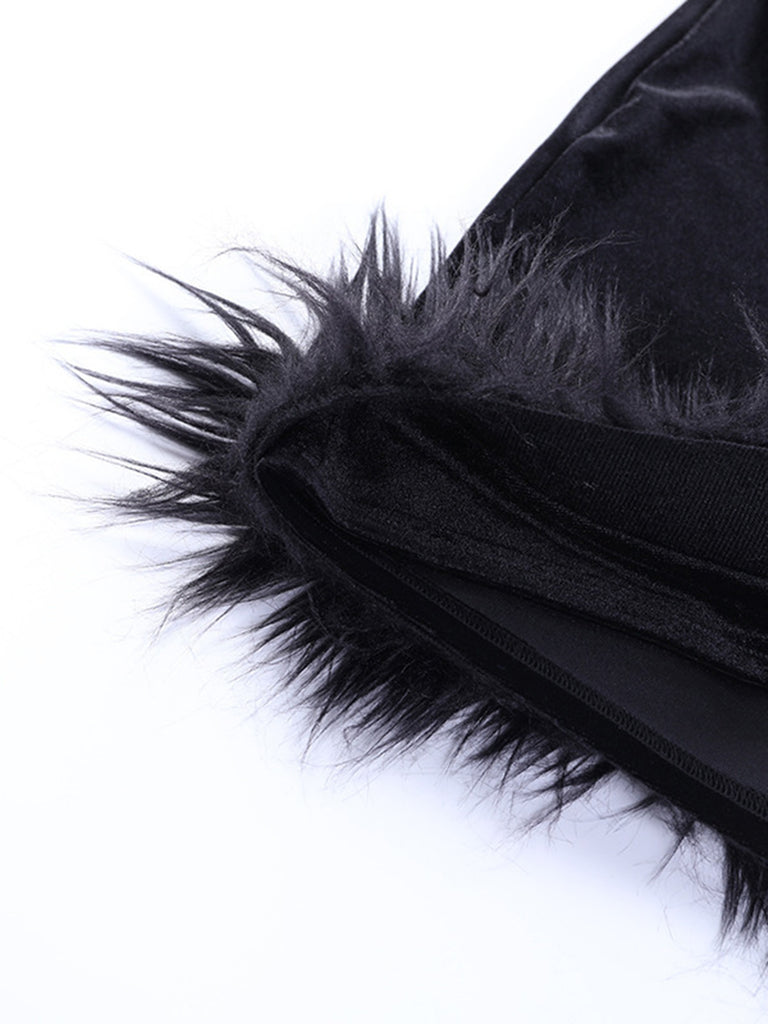 Black 1960s Lace Feather Hem Velvet Bodycon Dress