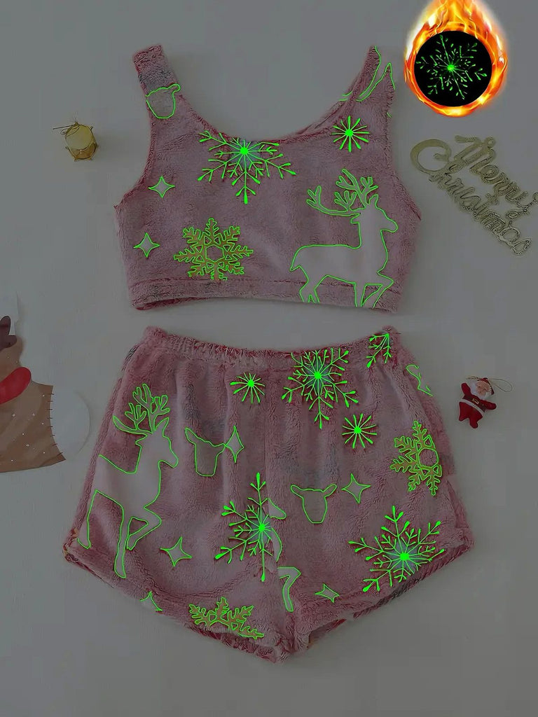 2PCS 1970s Glowing Colorful Print Flannel Pajama Set
