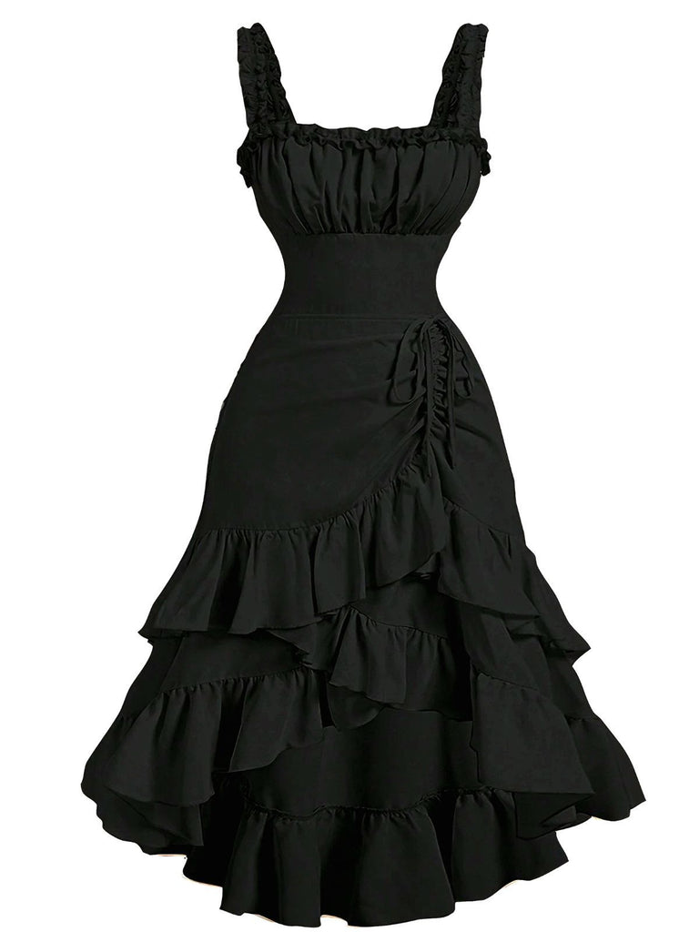 1950s Suspender Ruched Tiered Ruffle Hem Dress