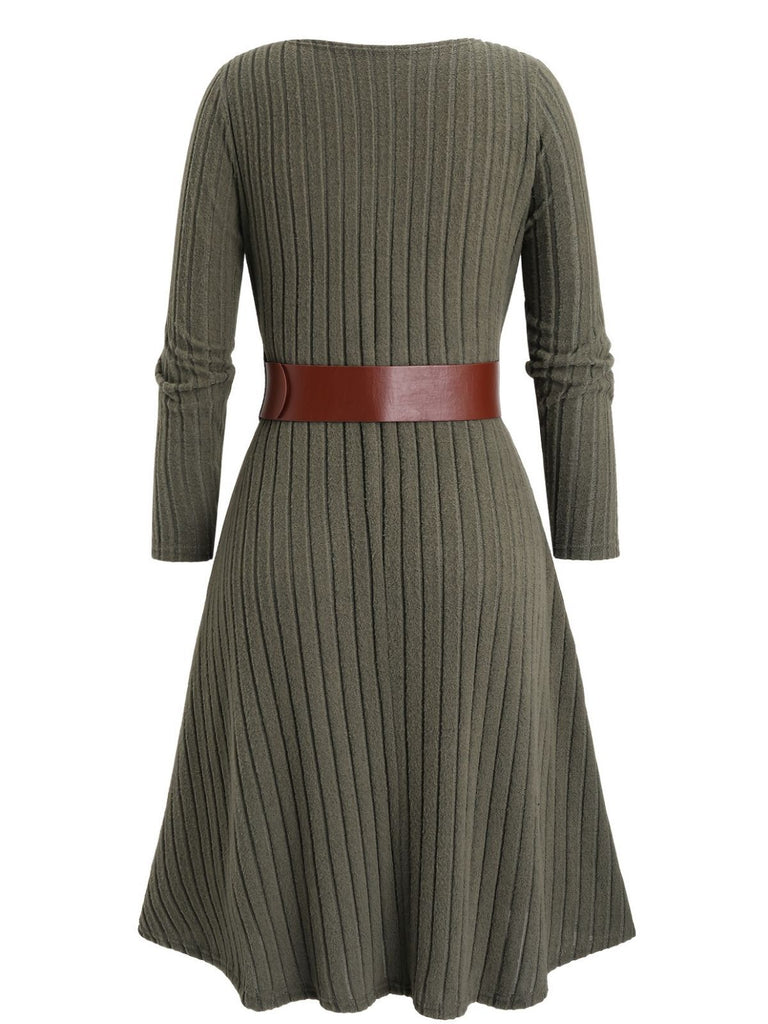 [Plus Size] Green 1940s Knit Layered Long Sleeve Belted Dress
