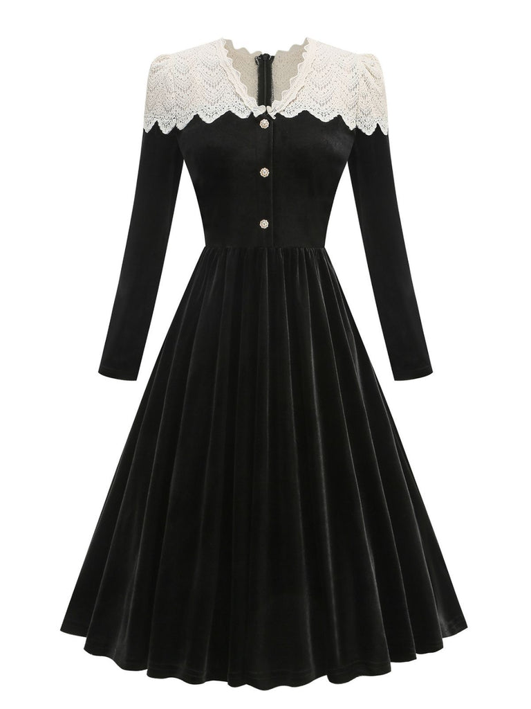 Black 1950s Velvet  Knitted Collar Pearl Button Dress
