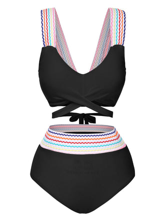 1940s Rainbow Lace-Up Patchwork Strap Bikini Set