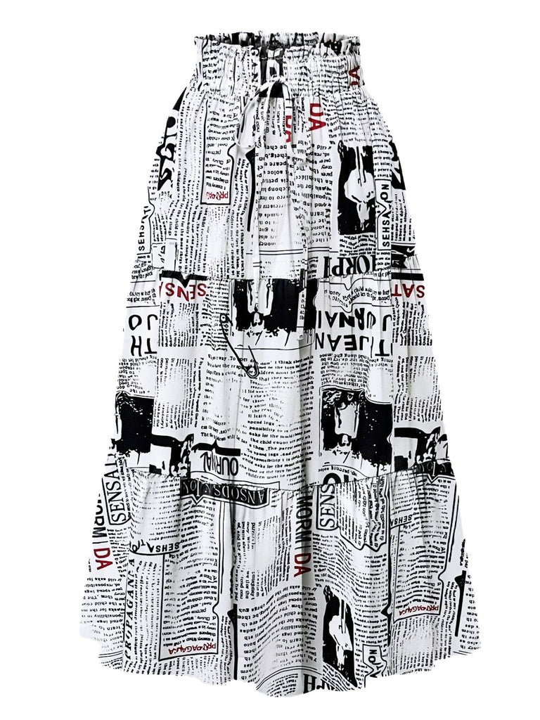 Multicolor 1970s Newspaper Print Tiered Midi Skirt
