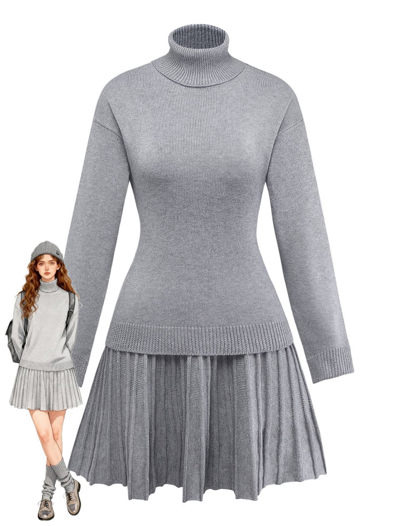 2PCS 1960s Knit Turtleneck Sweater & Pleated Skirt