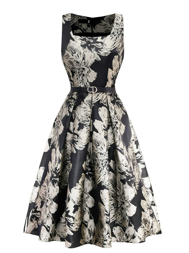 Black 1950s Jacquard Floral Dress With Belt