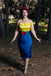 Yellow & Blue 1960s Bow Strap Pencil Dress