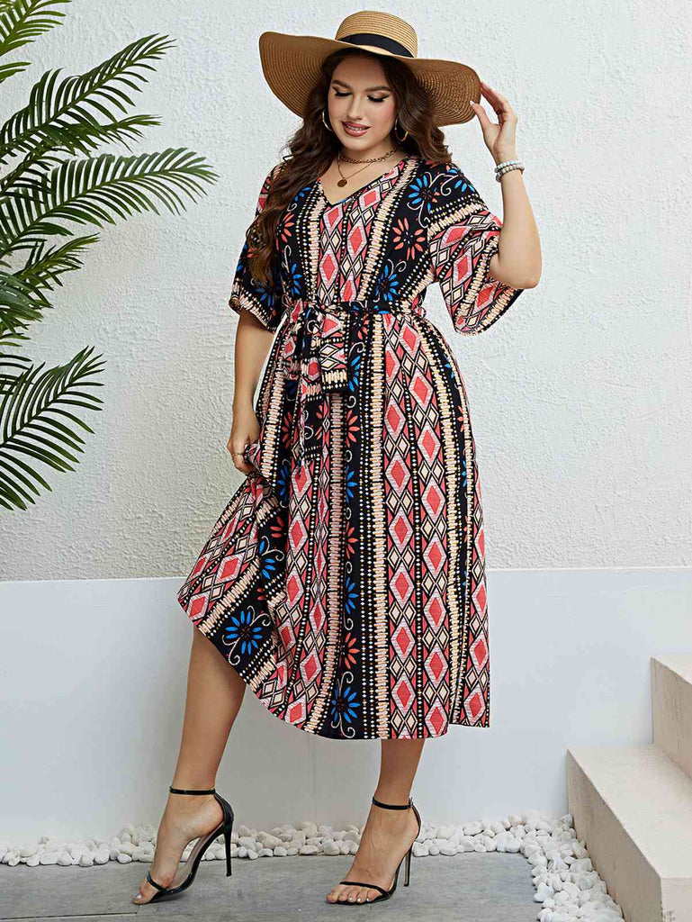 [Plus Size] 1950s V-Neck Geometric Tie Waist Dress