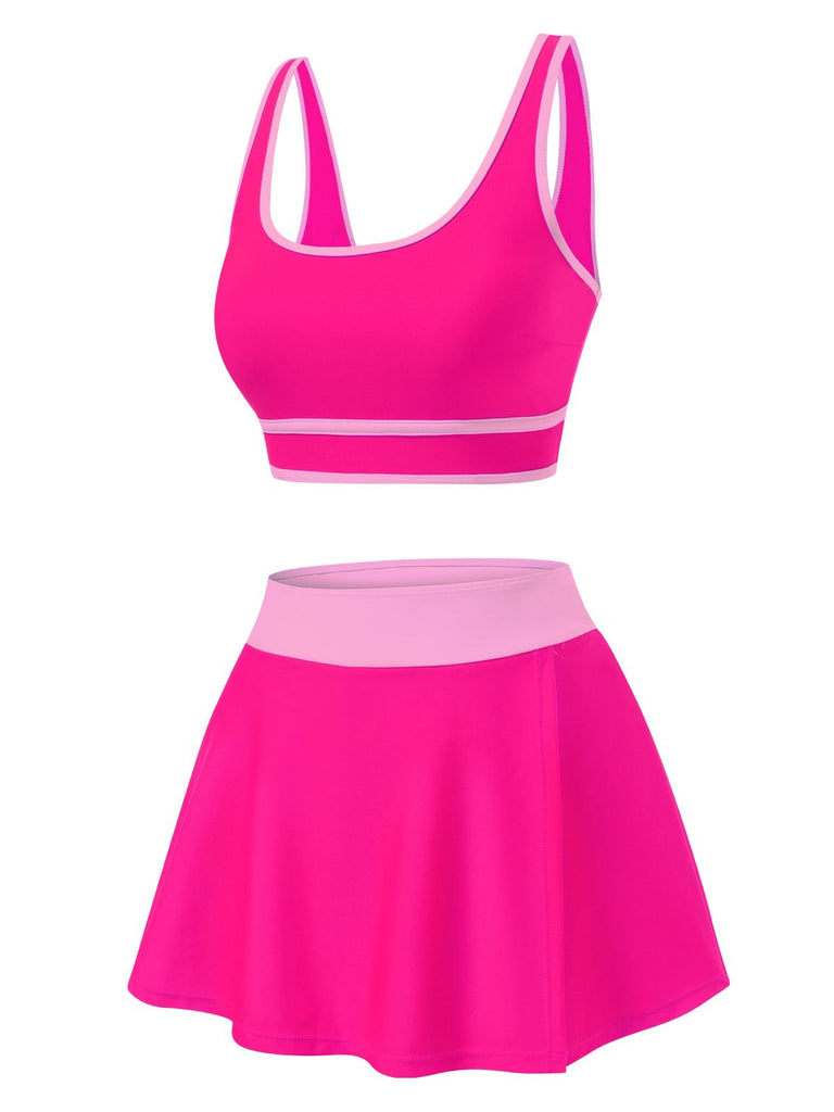 2PCS 1940s Square Neck Side Slit Colorblock Skirt Swimsuit