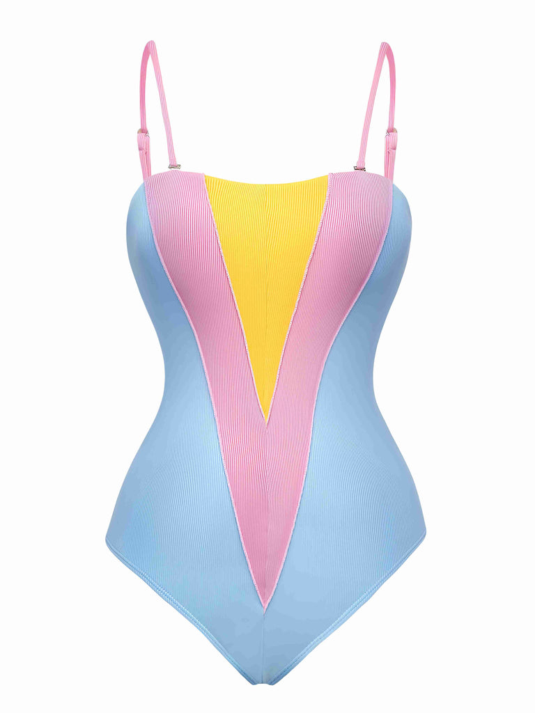 Blue 1930s Contrast Spaghetti Straps One-Piece Swimsuit
