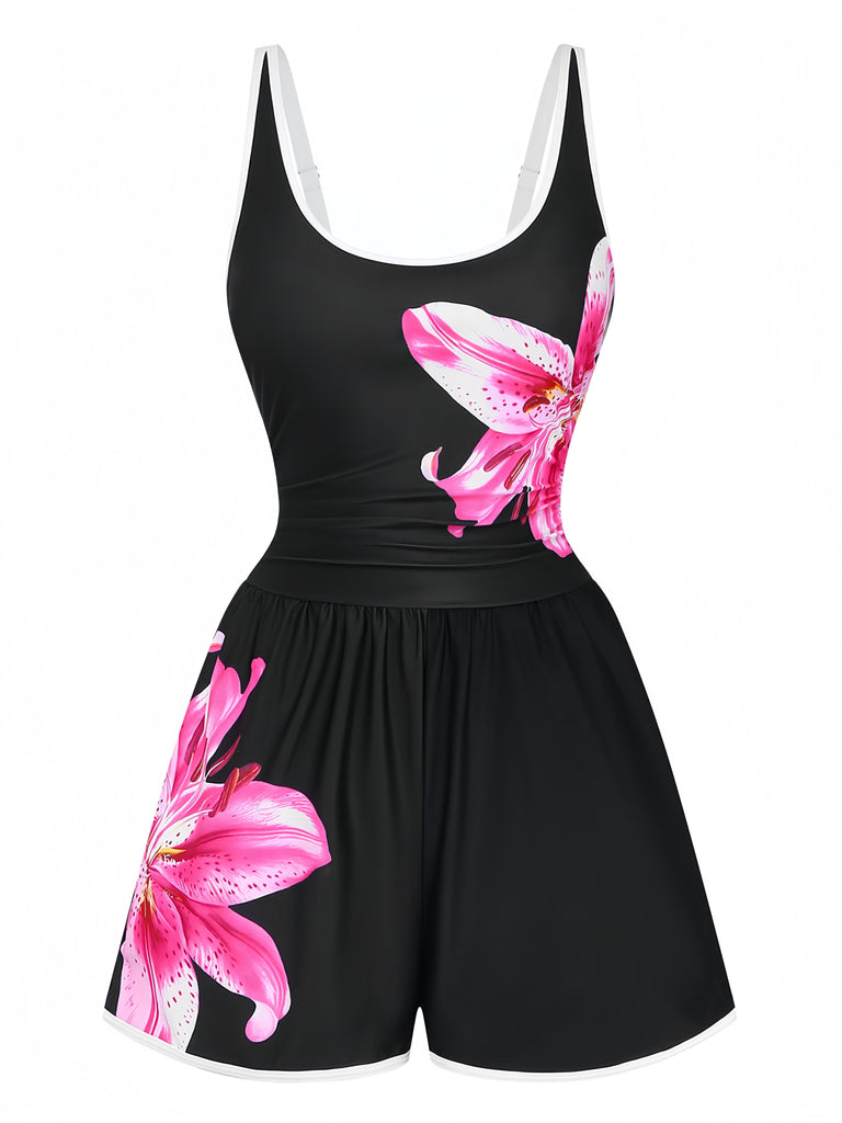 Black 1940s Floral Tankini One-Piece Swimsuit