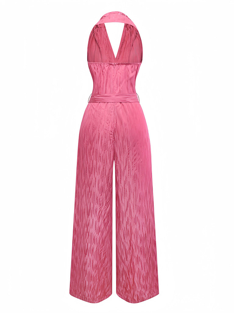 Pink 1970s Halter Lapel Satin Jumpsuit