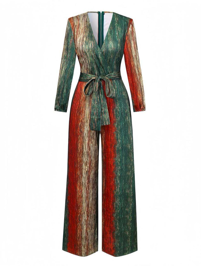 Multicolor 1970s V-Neck Belted Jumpsuit