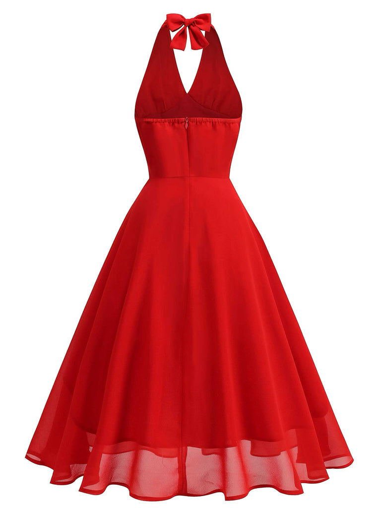 1950s Halter V-Neck Mesh Backless Dress