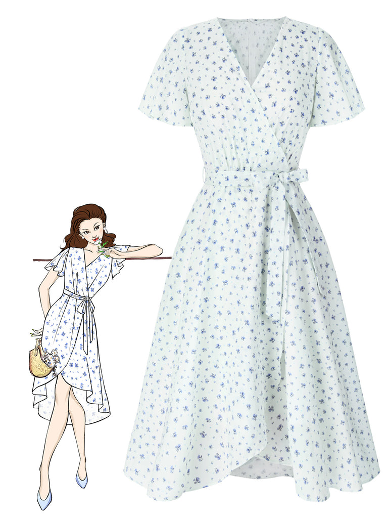 White 1940s Cotton Slanted Tie Floral Dress