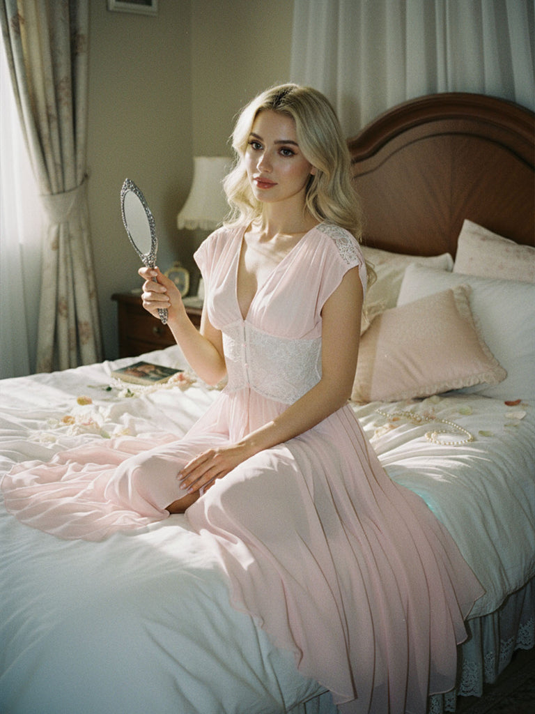 Pink 1930s Mesh Pleated Lace Waist Robe