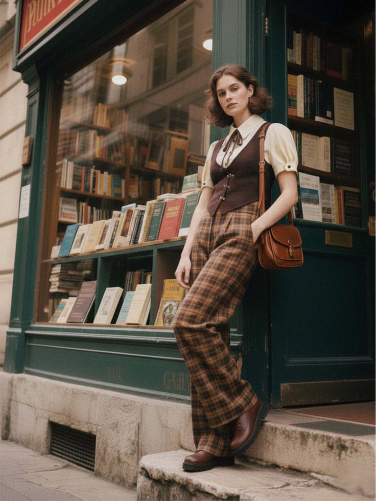 [Pre-Sale] Brown 1930s Faux 3PCS Bow Plaid Jumpsuit
