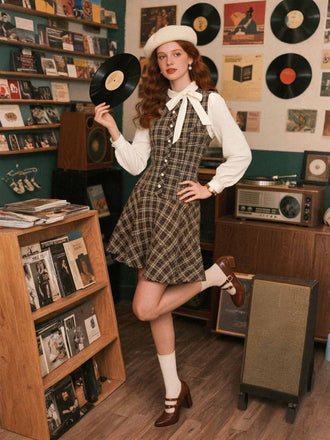 Brown 1960s Plaid Bow Tie Button Swing Dress