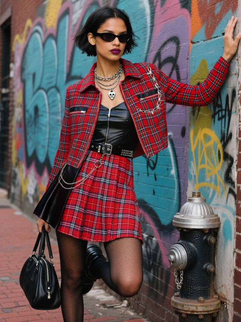 [Pre-Sale] Red 1980s Plaid Patchwork Chain Punk Jacket