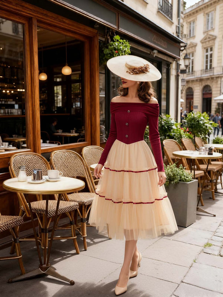 [Pre-Sale] Red 1950s Off-Shoulder Brushed Knit Tulle Cake Dress