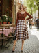 Brown 1950s Tie-Neck Knit Plaid Dress