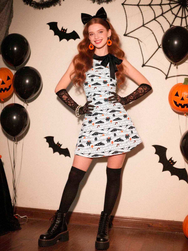 [Pre-Sale] White & Black 1960s Cat Print Bow Neck Dress