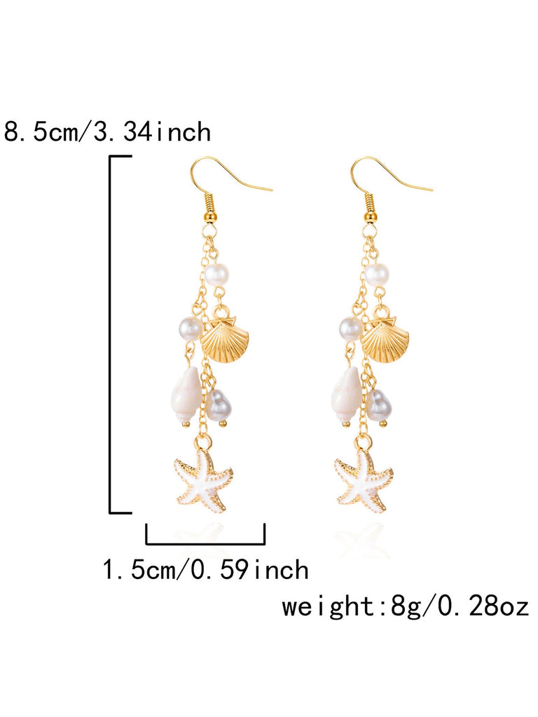 Gold earrings with starfish and shell designs, shown with measurements and weight on a white background.