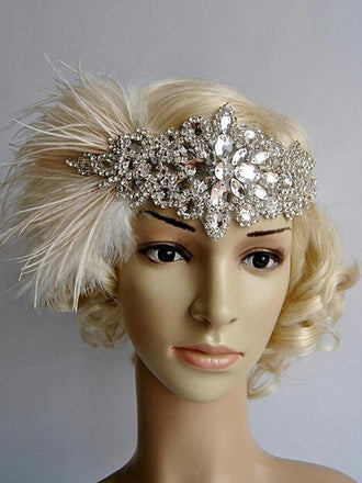 Apricot 1920s Feather Flapper Headband, classic vintage style elegant retro fashion