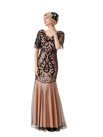 She slips into this Apricot 1920s V-Neck Sequined Mesh Evening Dress and suddenly it's a 1920s daydream