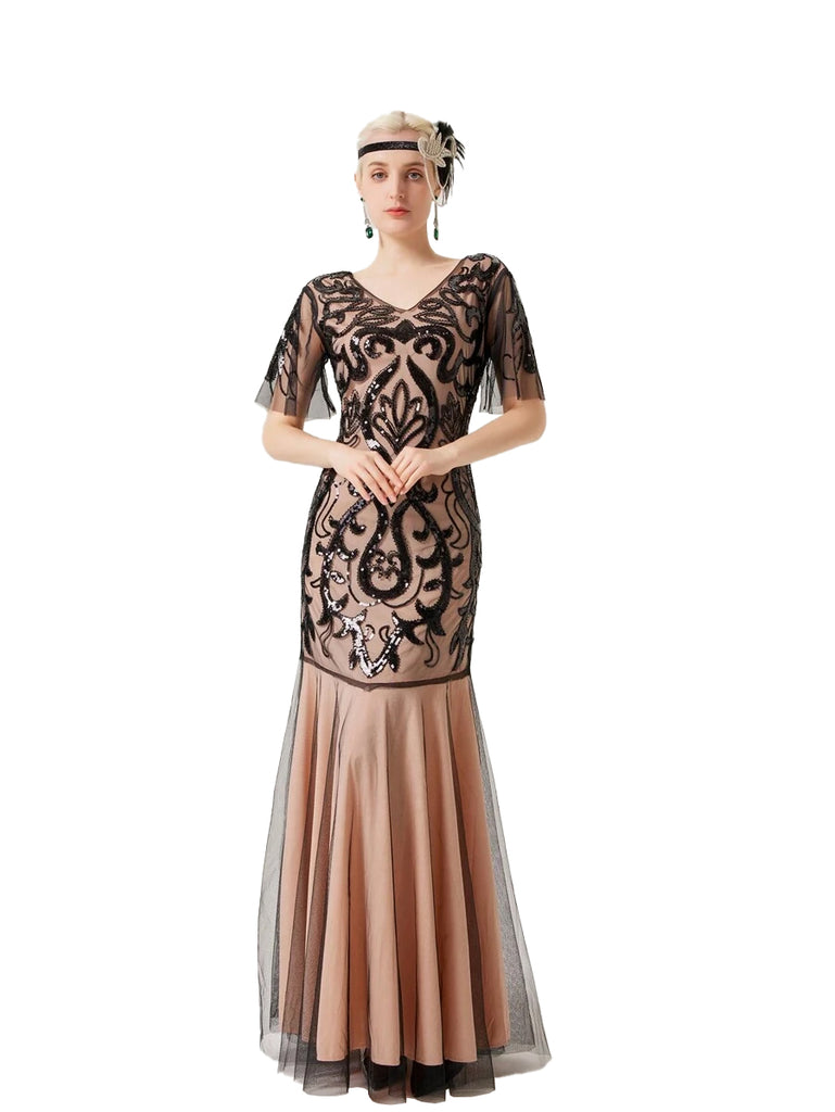 Apricot 1920s V-Neck Sequined Mesh Evening Dress | Retro Stage Apricot 1920s V-Neck Sequined Mesh Evening Dress | Retro Stage