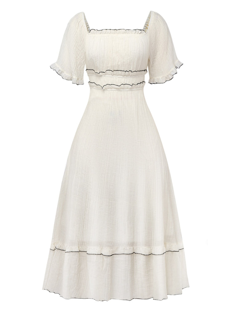 Apricot 1930s Square Neck Textured Binding Dress - vintage dress, retro fashion, elegant red