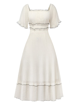 Apricot 1930s Square Neck Textured Binding Dress - vintage dress, retro fashion, elegant red