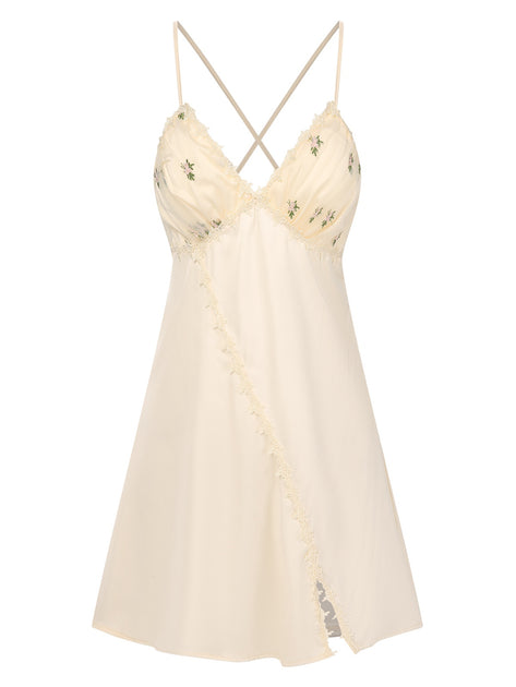 Apricot 1950s Floral Cross Straps Slit Nightgown | Retro Stage