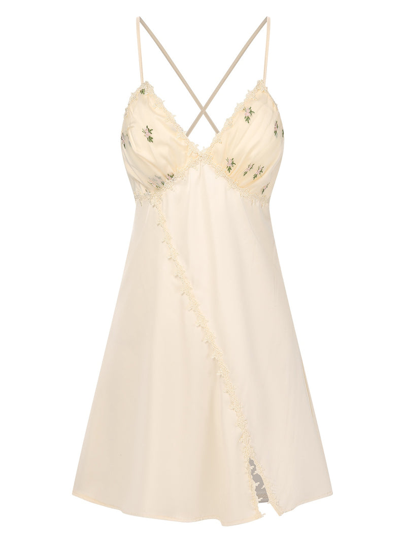 Apricot 1950s Floral Cross Straps Slit Nightgown | Retro Stage