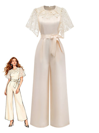 Apricot 1950s Floral Lace Satin Bow Belt Jumpsuit - vintage jumpsuit, retro fashion