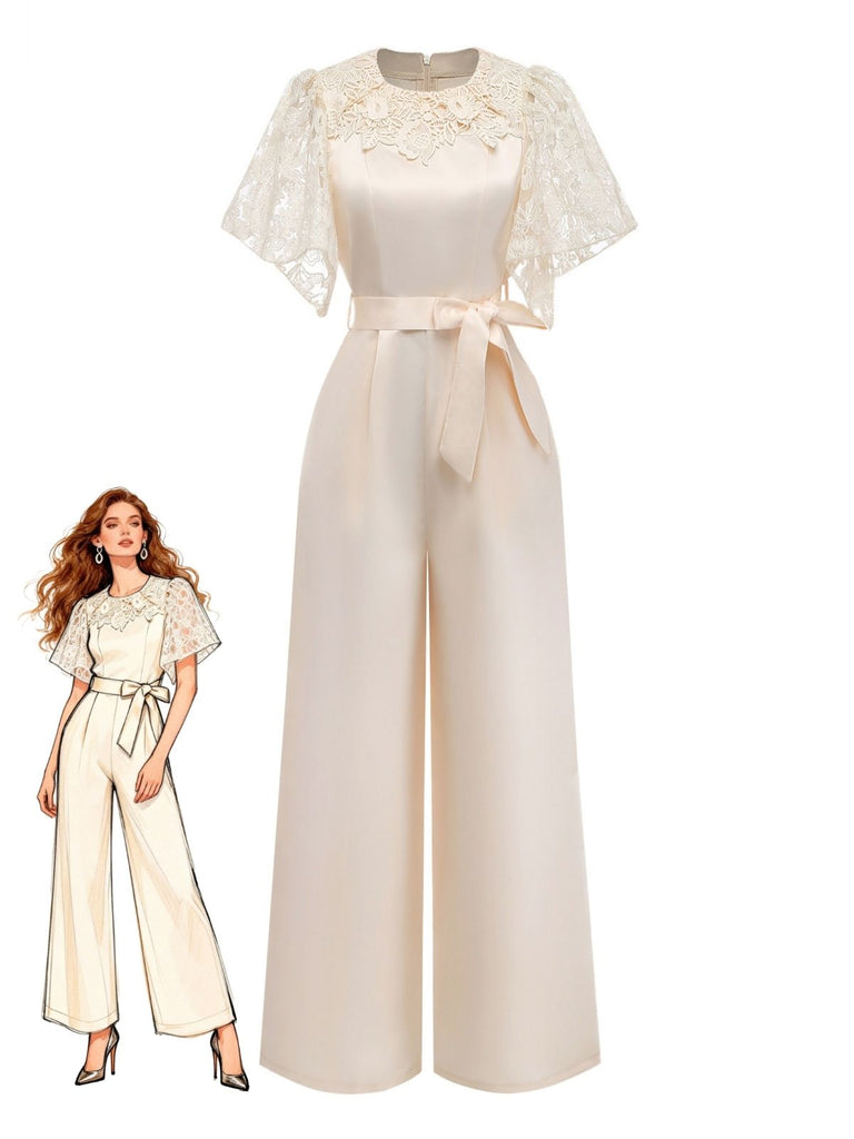 Woman wearing a cream-colored jumpsuit with lace sleeves and a belt, on a white background.