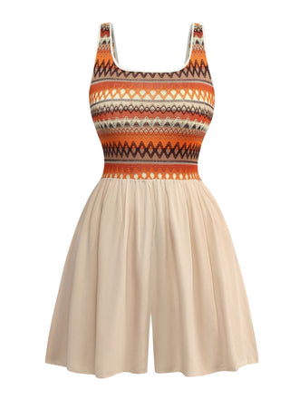 Apricot 1970s Boho Square Neck Patchwork Romper - vintage jumpsuit, retro fashion