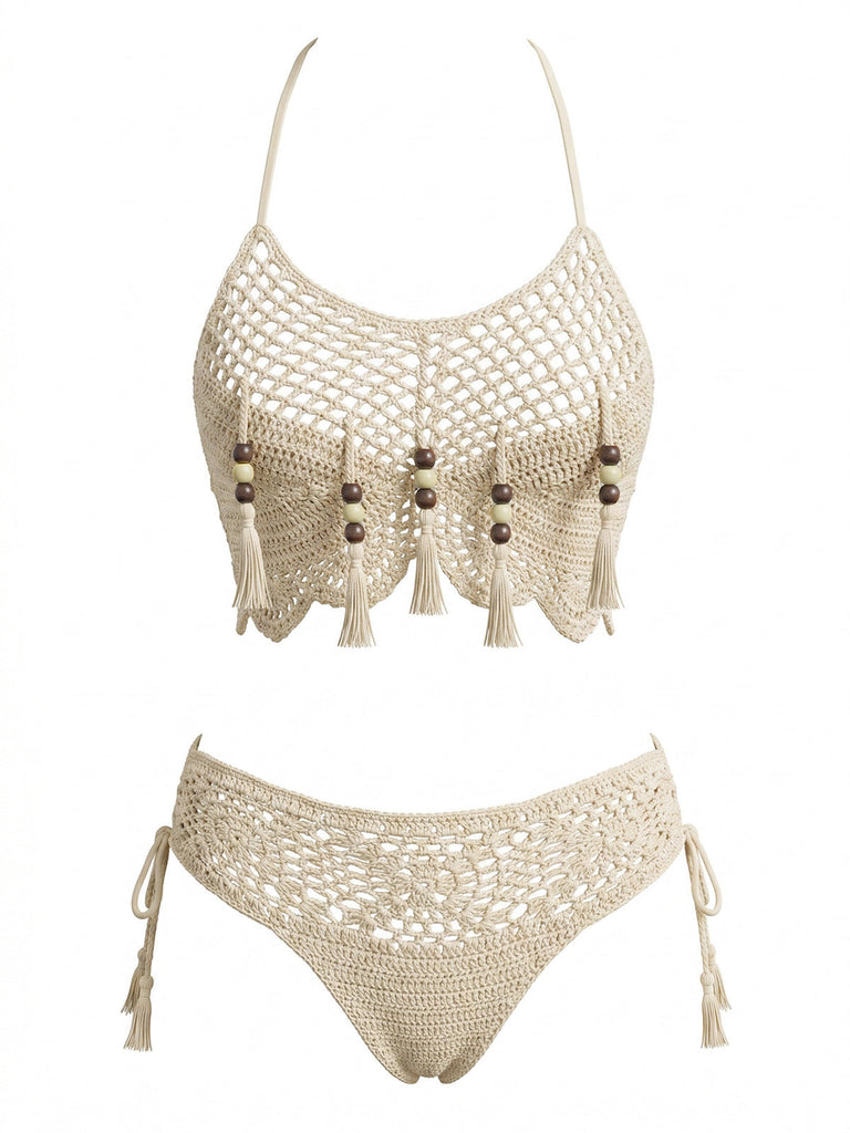 Apricot-1970s-Crochet-Beaded-Tassel-Bikini-Set, vintage, retro, swimwear